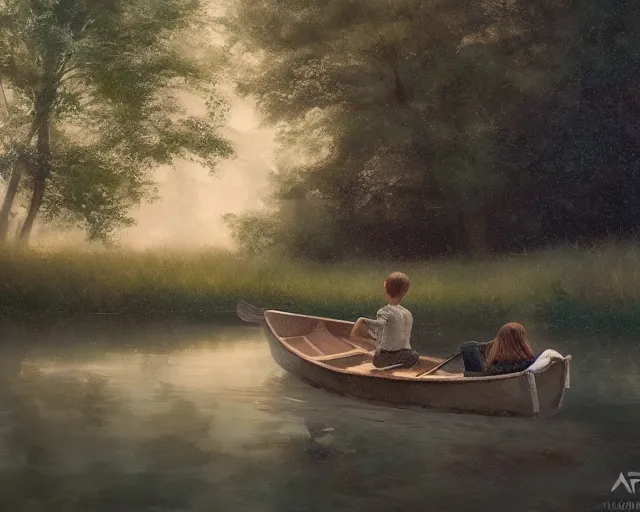 Image similar to a boy and a girl with long flowing auburn hair sitting together on the rowboat. Boy has black short hair, boy has black short hair. Atmospheric lighting, long shot, romantic, boy and girl are the focus, trees, river. Oil Painting, Trending on Artstation, octane render, Insanely Detailed, 8k, HD