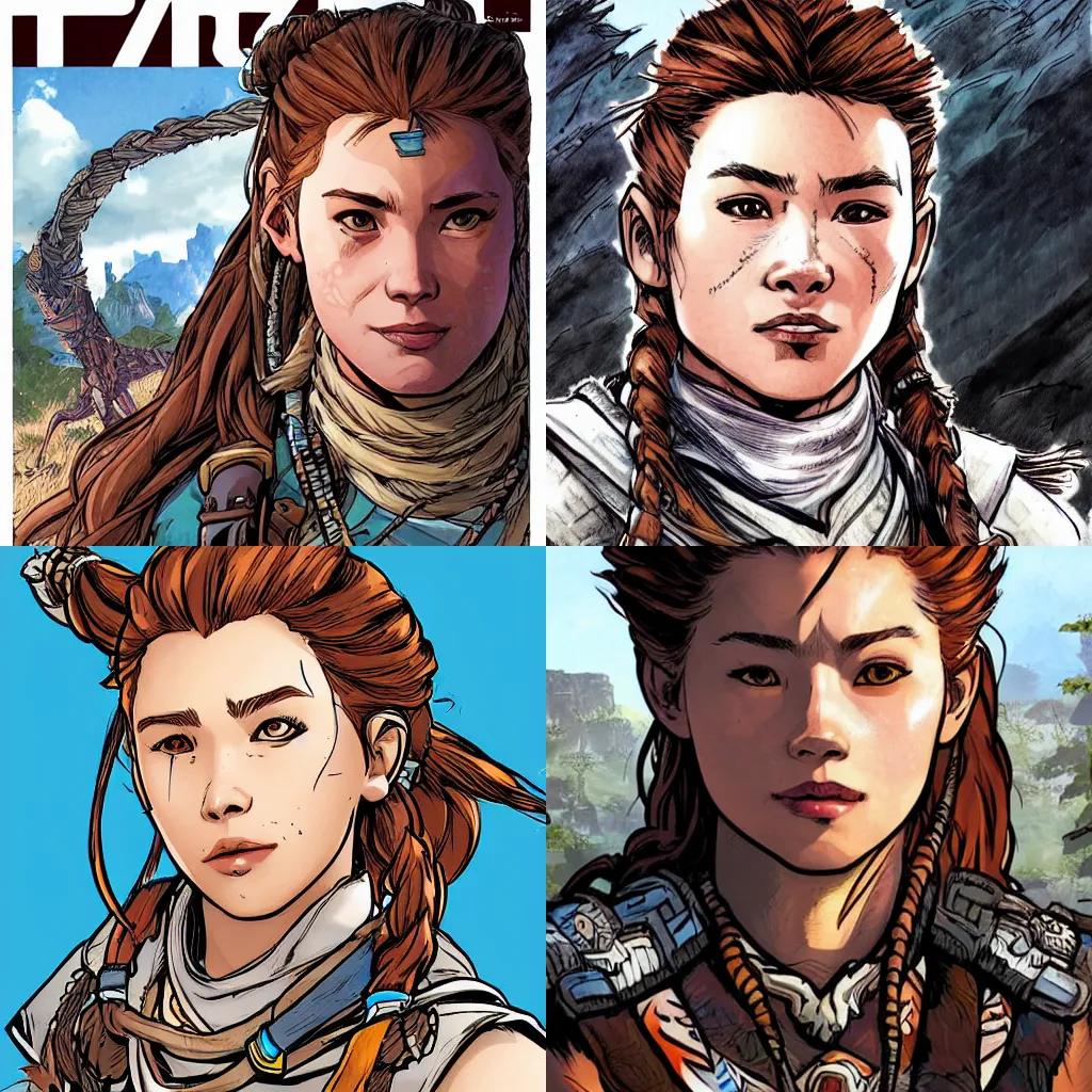 Prompt: portrait of Aloy from Horizon: Zero Dawn, comic book illustration, by John Kirby