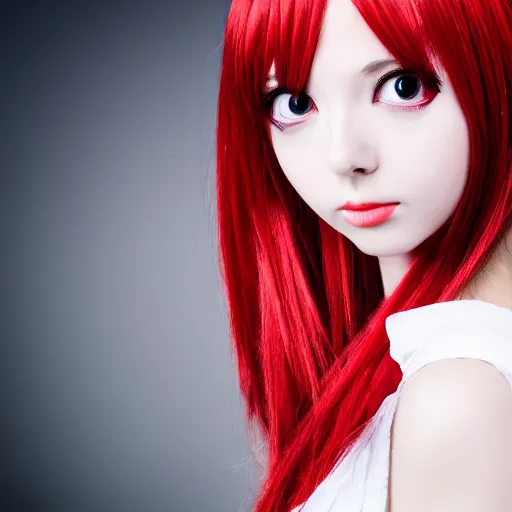 Image similar to very detailed photo of European anime cosplayer girl wearing white and red dress, studio photo, anatomically correct, pretty face, fine-face, smooth, sharp focus, UHD, 8k