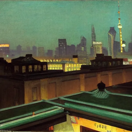 Prompt: a small rooftop with company of people sitting, shanghai bund is on the background, night, by edward hopper