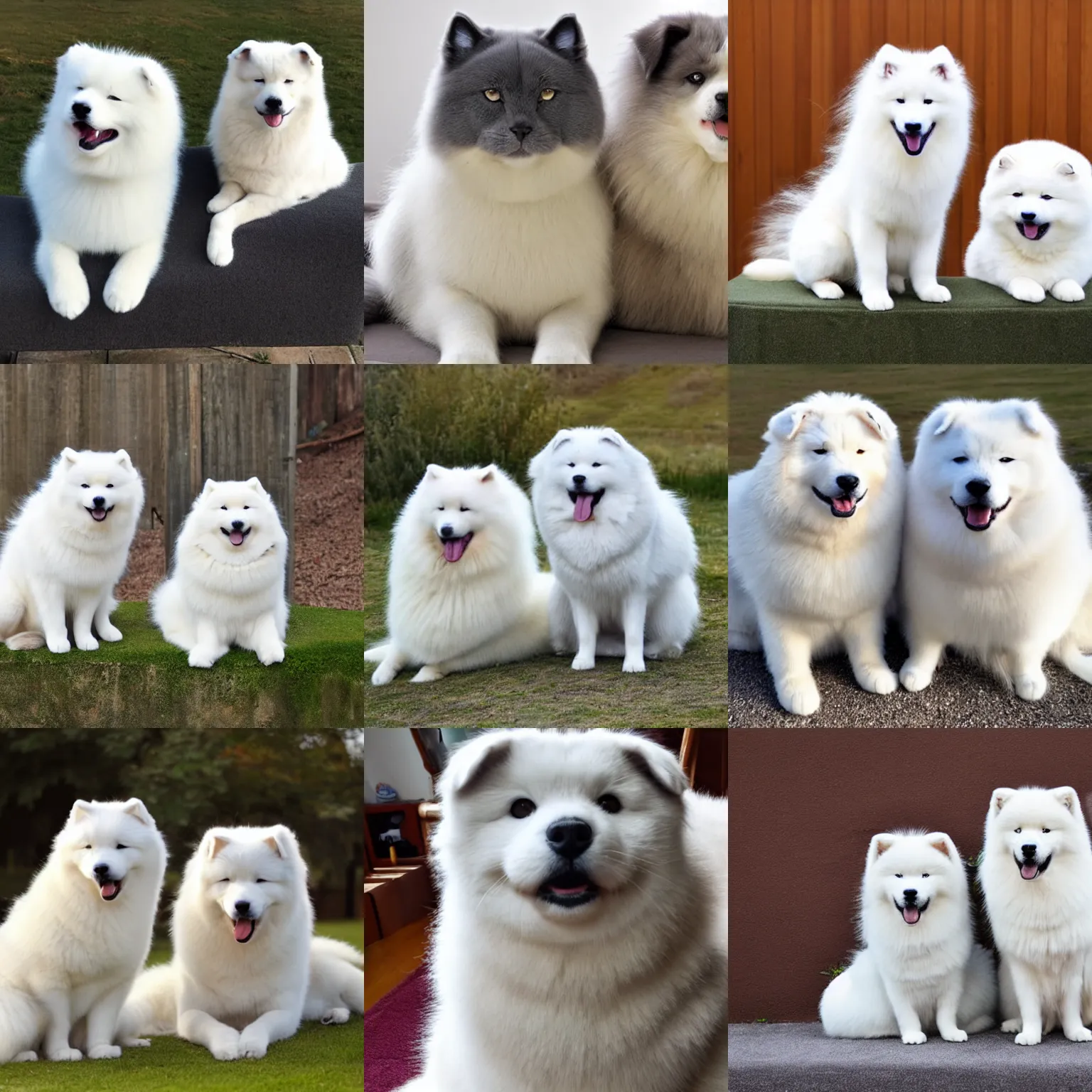 Prompt: samoyed and scottish fold sitting next to each other