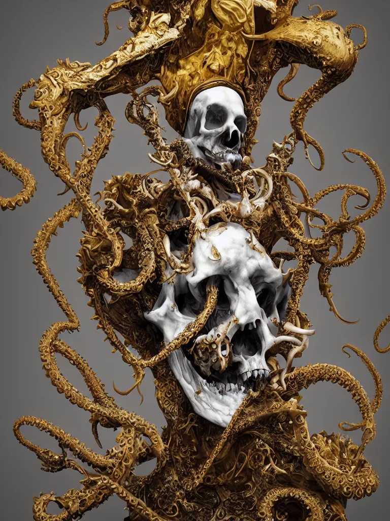 Prompt: Portrait of white and gold skeletal demon priest, baroque decorations, dark background, victorian, bones, clockwork, hyper realistic, octane render, Nekro XIII, Billelis, vibrant colors, octopus tentacles, 58mm, dof, trending on artstation