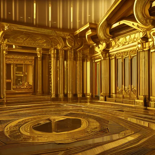 Image similar to golden and luxurious palace of asgard interior, 8k hd concept art, hyperrealistic, ultra detailed, cinematic, cinematic lighting, featured on artstation, octane render