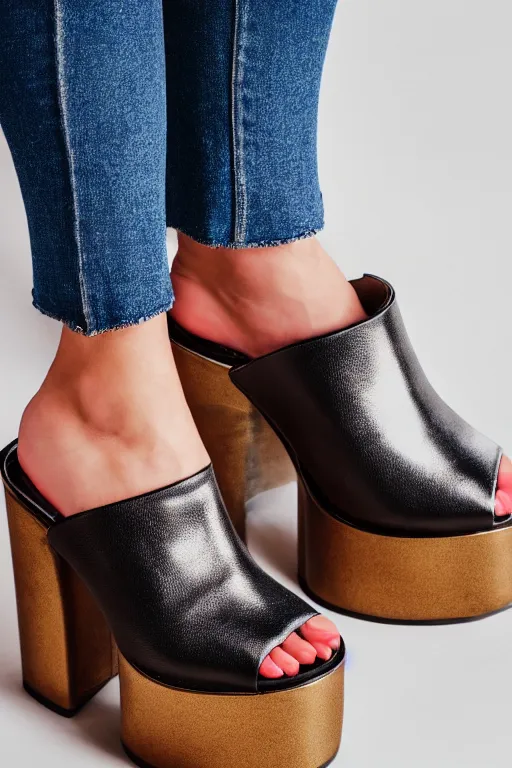 Prompt: close up of huge chunky platform mules worn by a slightly oversized girl, studio light