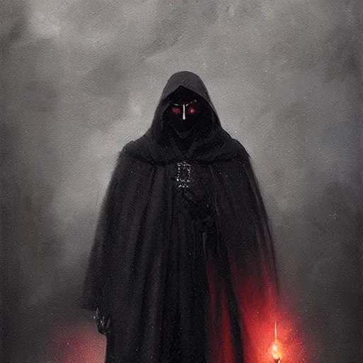 Image similar to portrait of Putin in a black cloak, glowing eyes, detailed face, highly detailed, cinematic lighting, digital art painting by greg rutkowski.