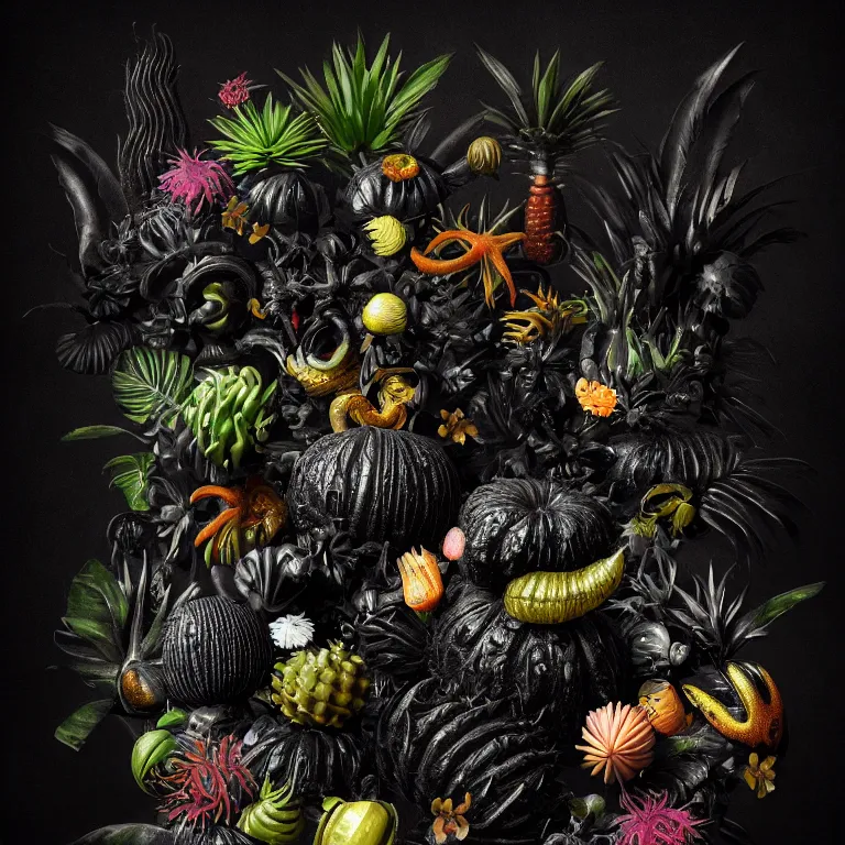 Image similar to still life of surreal alien black tropical flowers, rotten moldy black mold, surreal alien ribbed black tropical fruit, black human spine, black background baroque painting, beautiful detailed intricate insanely detailed octane render, 8K artistic photography, photorealistic, chiaroscuro, Raphael, Caravaggio