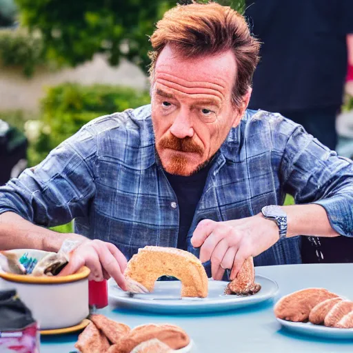 Prompt: bryan cranston eating pan dulce, ( sony a 7 r iv, symmetric balance, polarizing filter, photolab, lightroom, 4 k, dolby vision, photography awardm, voque, perfect face )