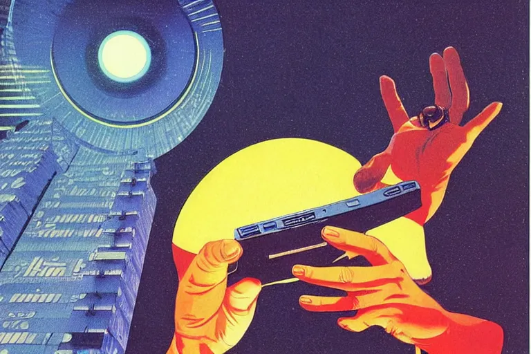 Image similar to a 1982 cover of OMNI magazine depicting a hand holding a bulky retro tv remote. Neo-Tokyo. Cyberpunk style art by Vincent Di Fate.