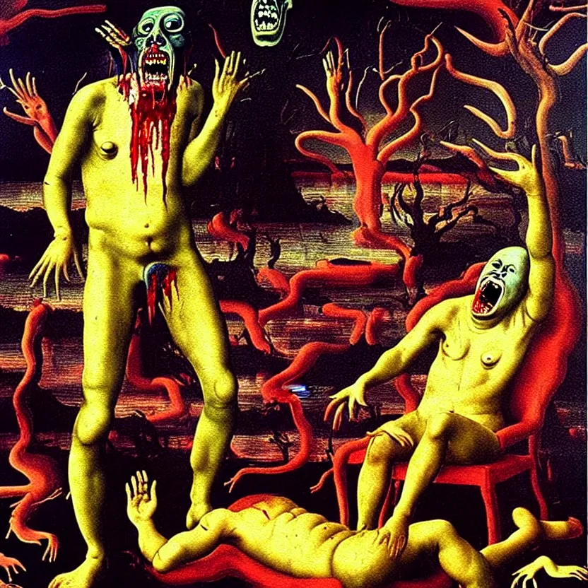 Image similar to a sacred painting of a beautiful flesh - eating timikawa with rainbow fur eating a screaming man, sitting on chair made of human limbs, the chair is floating in a lake of blood, surrounding the lake are melting trees, nightmare scene, supernatural, highly detailed, creepy, terrifying, famous painting by raphael and salvador dali