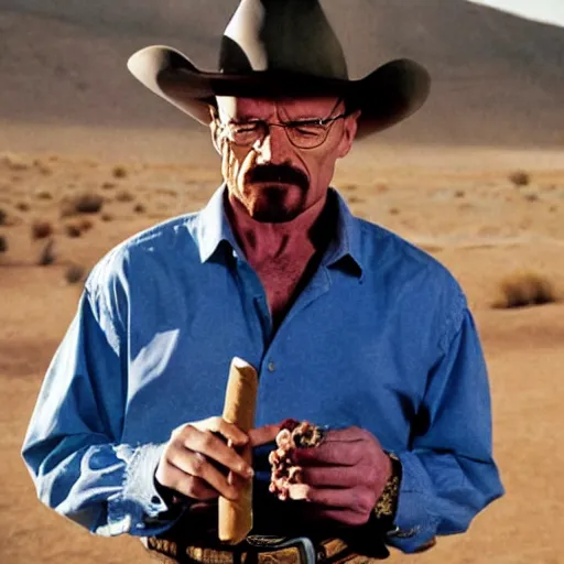 Image similar to walter white wearing a cowboy outfit and smoking a cigar in a desert full of bushes