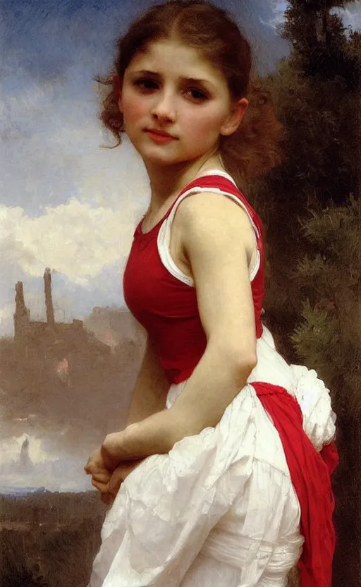 Image similar to portrait of athletic girl, red and white dress, hd, realistic, bouguereau