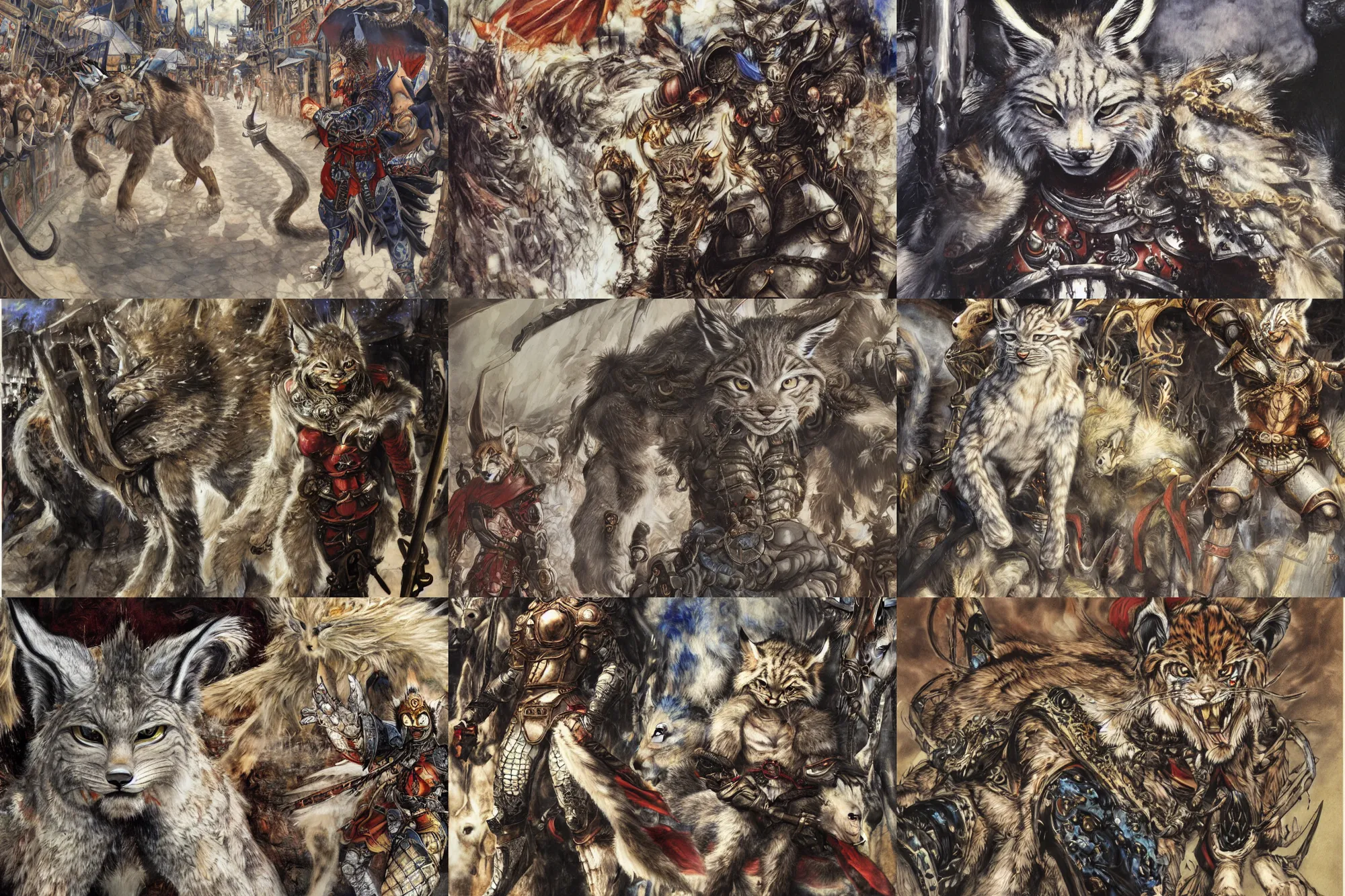 Image similar to 8k Yoshitaka Amano painting of upper body of a young cool looking lynx beast-man with white mane at a medieval market at windy day. Depth of field. He is wearing complex fantasy armors. He has huge paws. Renaissance style lighting.