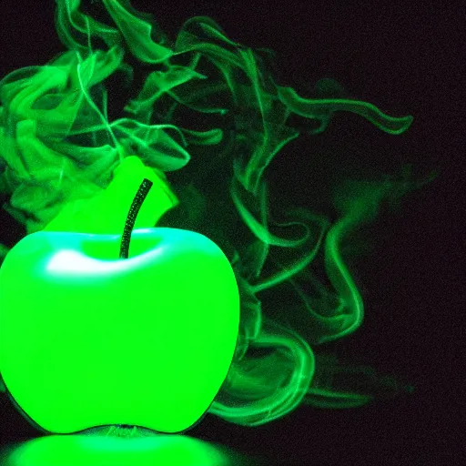 Prompt: an apple with glowing green smoke coming out of it, dramatic lighting