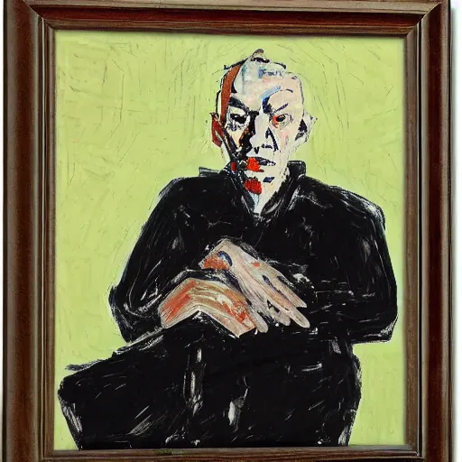 Image similar to painting of a man sitting on a chair, staring at you with an intense expression, by georg baselitz