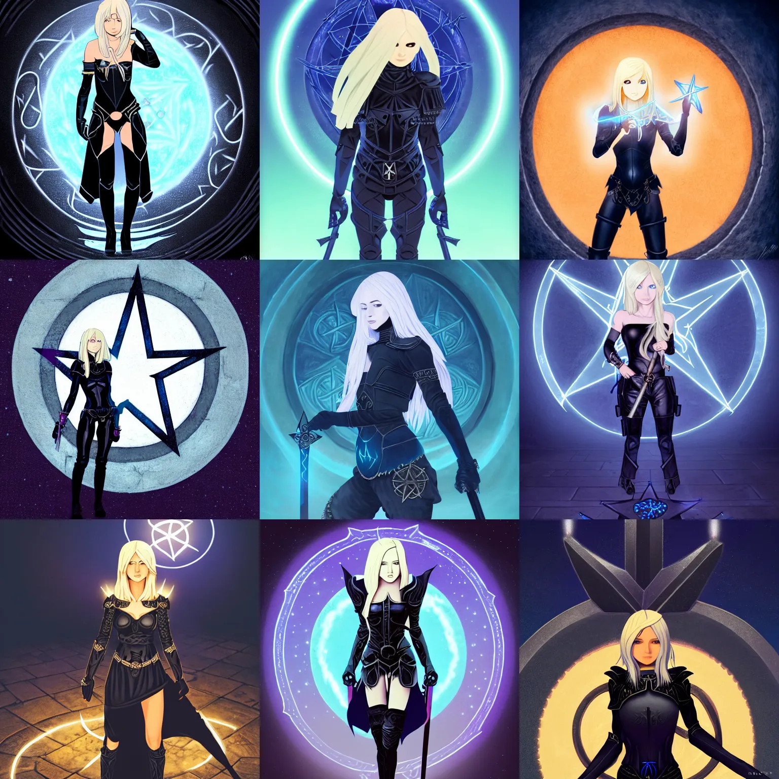 Prompt: realistic image of a beautiful fantasy girl thief in her late 20s in black leather armor, light blonde shoulder-length hair, full body, stand on stone floor, under the glowing blue pentagram symbol, fantasy dungeon, by Ilya Kuvshinov