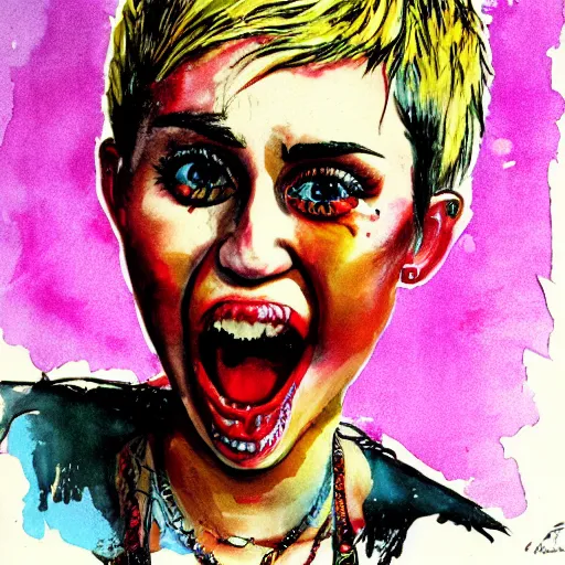 Prompt: portrait of miley cyrus, by ralph steadman