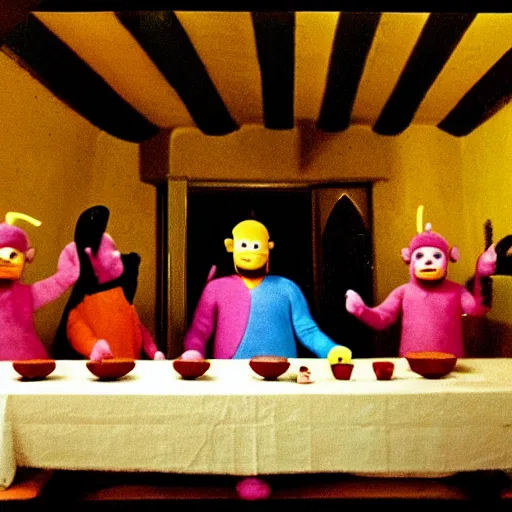 Prompt: the last supper with teletubbies as disciples. gothic