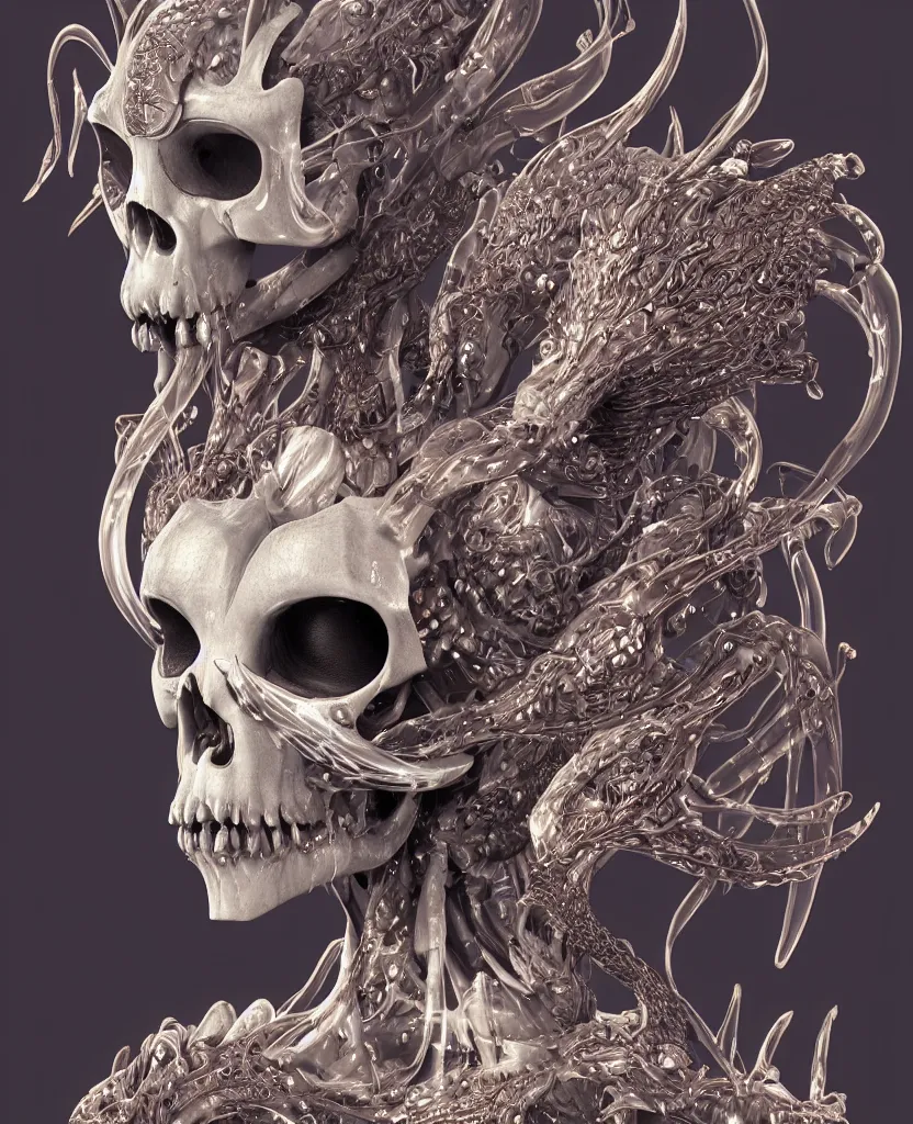 Image similar to close-up macro portrait of the face of a beautiful princess with animal skull mask, epic angle and pose, symmetrical artwork, 3d with depth of field, blurred background, cybernetic jellyfish female face skull phoenix bird, translucent, nautilus, energy flows of water and fire. a highly detailed epic cinematic concept art CG render. made in Maya, Blender and Photoshop, octane render, excellent composition, cinematic dystopian brutalist atmosphere, dynamic dramatic cinematic lighting, aesthetic, very inspirational, arthouse. y Greg Rutkowski, Ilya Kuvshinov, WLOP, Stanley Artgerm Lau, Ruan Jia and Fenghua Zhong