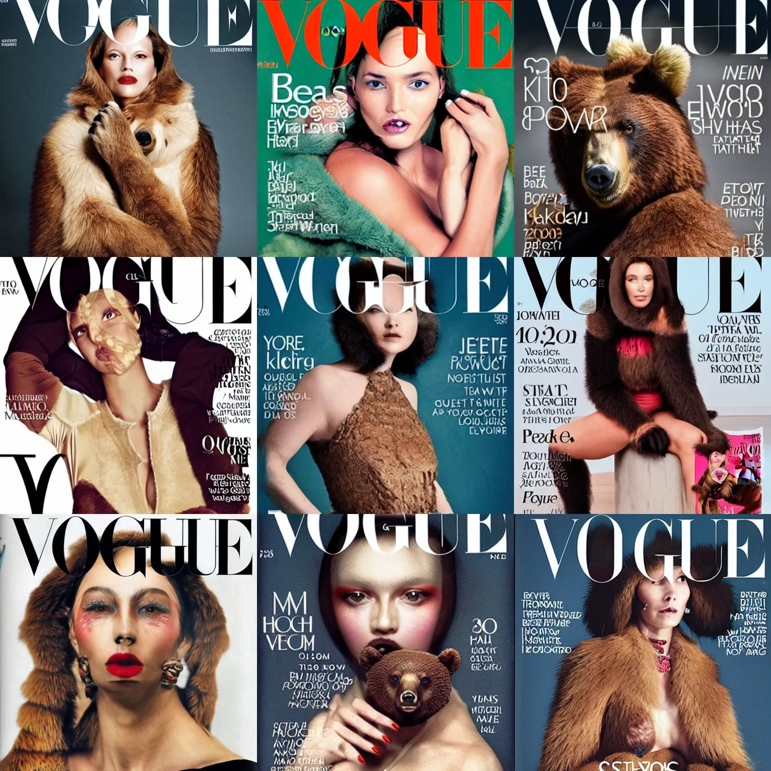 Prompt: bear woman on the cover of vogue, magazine, drool
