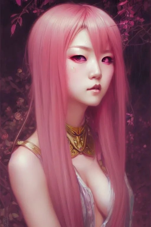 Image similar to Portrait of japanese gyaru, D&D, pink eyes, face, fantasy, intricate, elegant, highly detailed, digital painting, artstation, concept art, smooth, sharp focus, illustration, art by artgerm and greg rutkowski and alphonse mucha