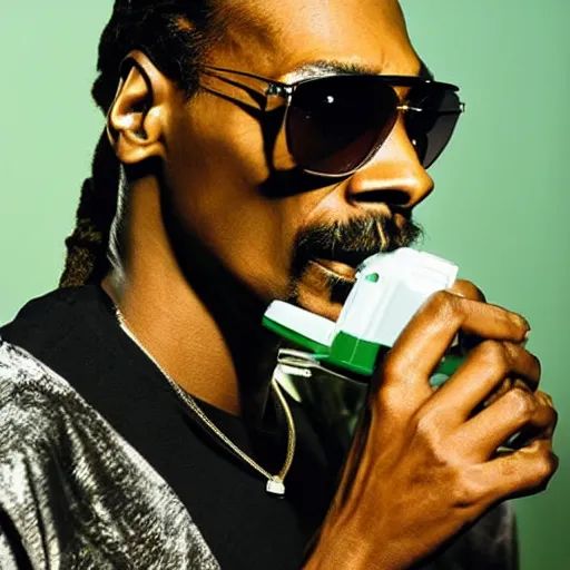 Prompt: a 90\'s photograph of snoop dog looking at the camera with a tense facial expression while drinking water