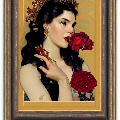 Image similar to portrait of a very beautiful royal fire woman, top half of body, metal crown on head, pensive expression, by Stanley Artgerm Lau, greg rutkowski, thomas kindkade, alphonse mucha, loish, norman rockwell, J. C. Leyendecker. dark black hair, pale skin, detailed eyes, red lips. framed by white flowers. Trending on artstation rule of thirds extremely detailed illustration hd 4k