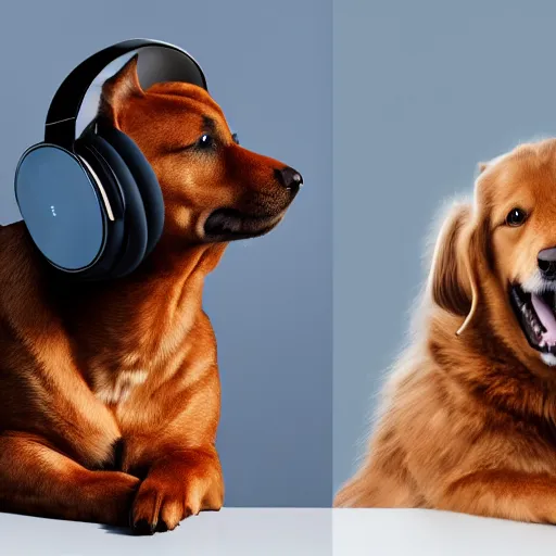 Image similar to a photorealistic dog and cat wearing headphones smiling, 8 k resolution, studio lighting, highly detailed, hyperrealism, realistic