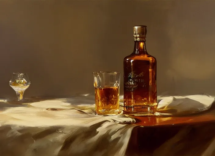 Image similar to oil painting of whiskey bottle, barley grain, art by anders zorn, wonderful masterpiece by greg rutkowski, beautiful cinematic light, american romanticism by greg manchess, creation by tyler edlin, folds of fabric, tablecloth, curtains