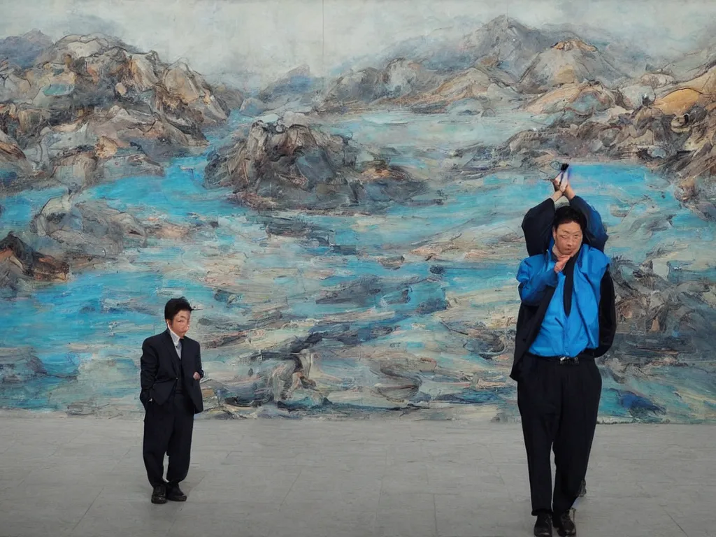 Prompt: ‘The Center of the World’ (office worker at an art gallery, standing in front of a Liu Xiaodong landscape oil painting, large thick messy colorful brushstrokes, blue river and mountains) was filmed in Beijing in April 2013 depicting a white collar office worker. A man in his early thirties – the first single-child-generation in China. Representing a new image of an idealized urban successful booming China.