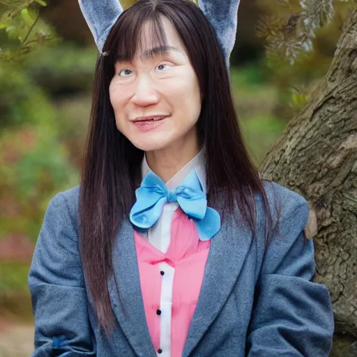 Prompt: A portrait of Tsai Ing-wen as Forrest Gump, looks like bunny girl, nekomimi, with Sushi and Sashimi on left hand, red eyes, symmetrical facial features, 8k