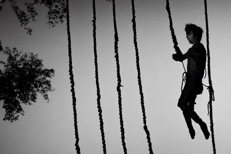 Image similar to photograph of a vampire nervously walking on a hanging rope trying to balance himself, wide shot