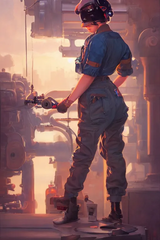 Image similar to a portrait of a cute female mechanic, dieselpunk setting, vivid colors, soft lighting, atmospheric, cinematic, moody, in the style of artgerm and greg rutkowski, oil on canvas, 8 k