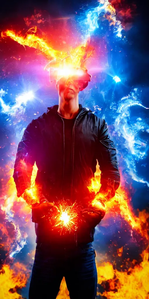 Image similar to Action movie poster with a guy holding a wallet, explosion and red rim light behind, 4K