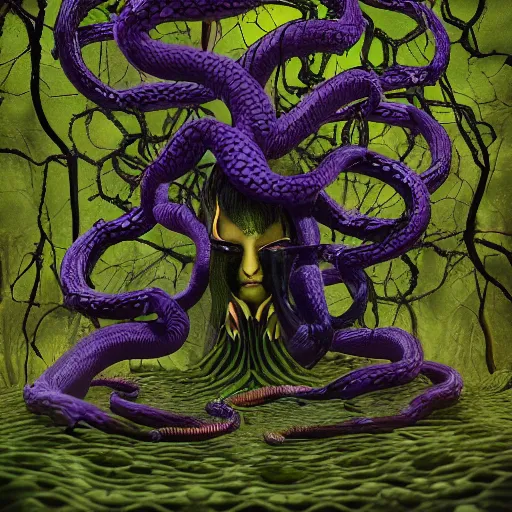 Image similar to dark queen of snakes, crown of vines, blue skin, realism, dark fantasy, surrounded by snakes in a twisted forest, octane render, artstation