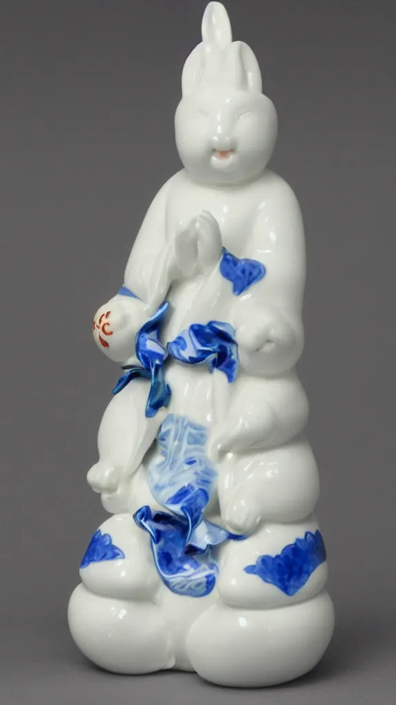 Prompt: porcelain rabbit budda statue with blue arabesque details painted by john singer sargent
