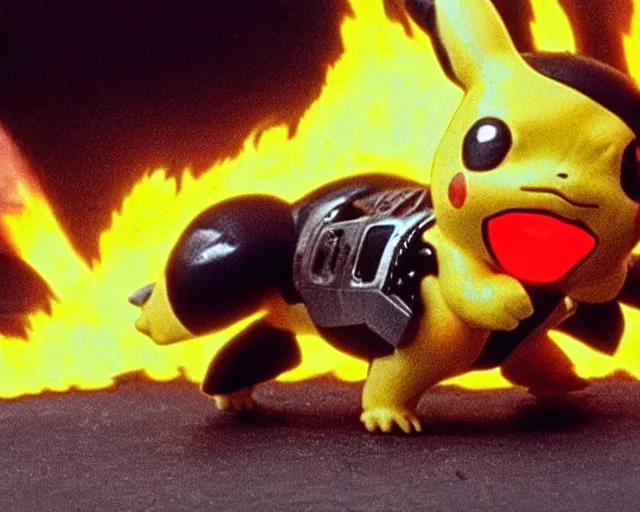 Image similar to Terminator pikachu on fire, scene from the 1980s film, still form the fiml