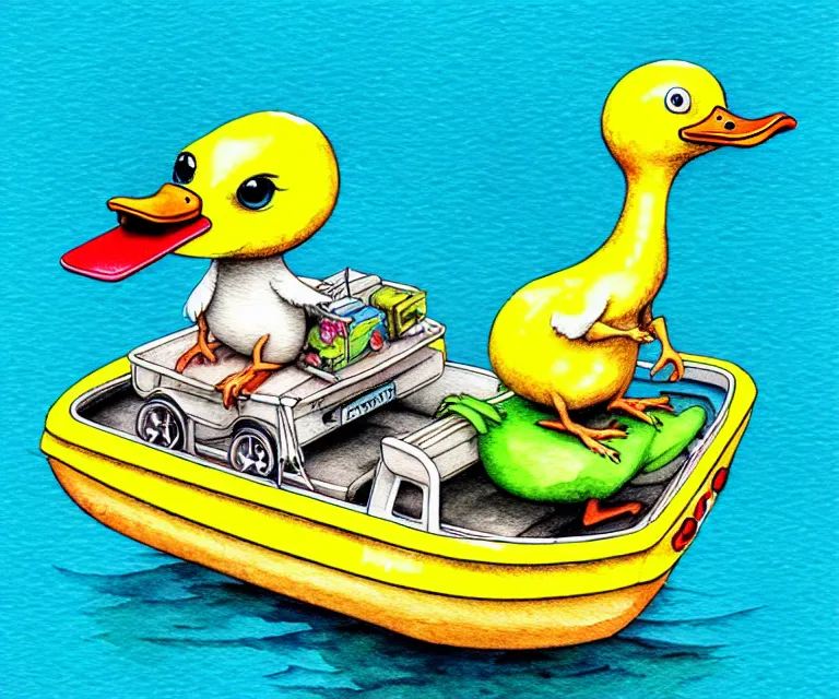 Image similar to cute and funny, duck riding in a tiny amphibious boat with wheels, ratfink style by ed roth, centered award winning watercolor pen illustration, isometric illustration by chihiro iwasaki, edited by craola, tiny details by artgerm and watercolor girl, symmetrically isometrically centered