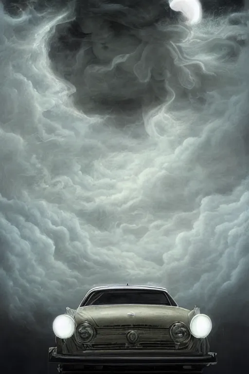 Prompt: Intricate stunning highly detailed white Fiat 600 from the 60s built in Argentina, digital painting by agostino arrivabene and Vladimir Kush, surreal, ultra realistic, Horror vacui, dramatic lighting, full moon, thick black swirling smoke tornado, burning fire embers, artstation