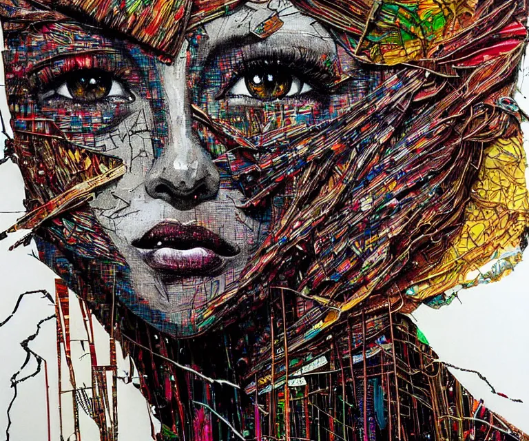 Prompt: nights falling wind is blowwing snow is pilling concept art in style of el anatsui and carne griffiths artwork by xsullo. mix media, biomecanical cyber alian of the whiched,, artwork by el anatsui and carne griffiths artwork by xsullo, insanely detailed, artstation,