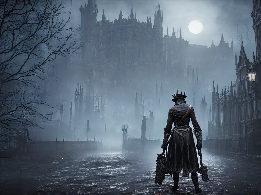 Image similar to bloodborne 2, dark, nighttime, victorian england style, horror, grotesque, serene, haunting, High Definition detail, 8K