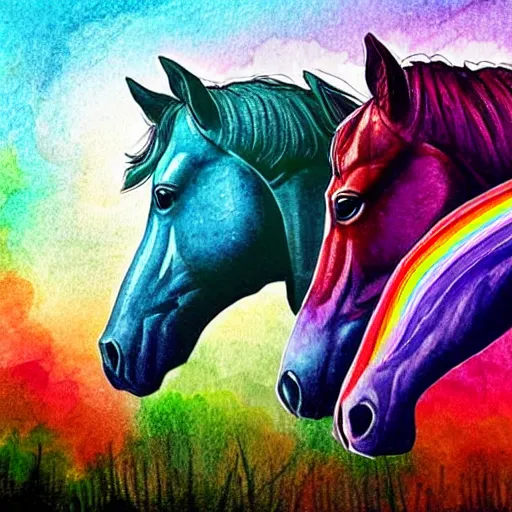 Image similar to horses over a bright colorful rainbow under a dark starred night, dark fantasy, digital art, watercolour, high detail, colorful, dreaming illusion