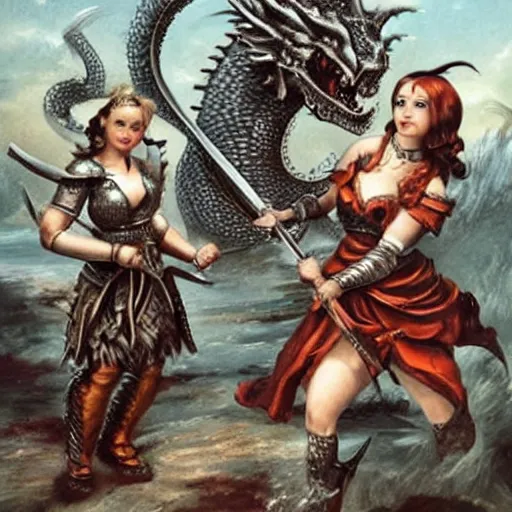 Image similar to woman barbarians slaying a silver dragon