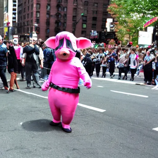 Image similar to a parade in new york city, everyone is dressed as Pigsy from Manhunt, 4k