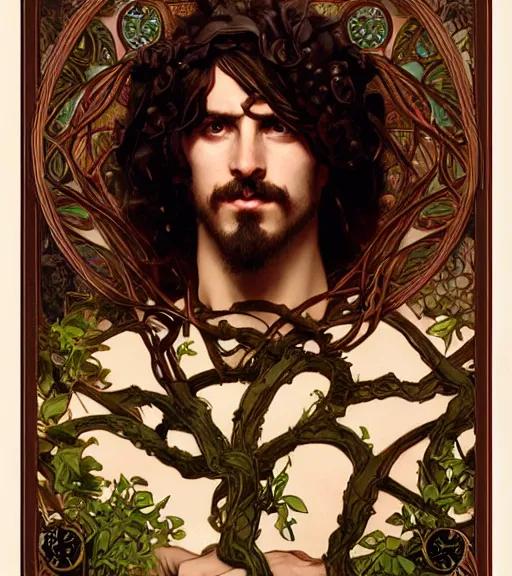 Prompt: a tarot card portrait of dionysus, realistic, 8 k, by greg rutkowski, artgerm, alphonse mucha, ornate, vines as jewelry, symmetry, sharp focus