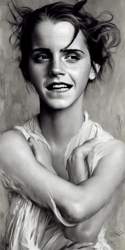 Image similar to emma watson smiling angry laughing crying sad weeping detailed portrait painting by gaston bussiere craig mullins j. c. leyendecker photograph by richard avedon peter lindbergh annie leibovitz