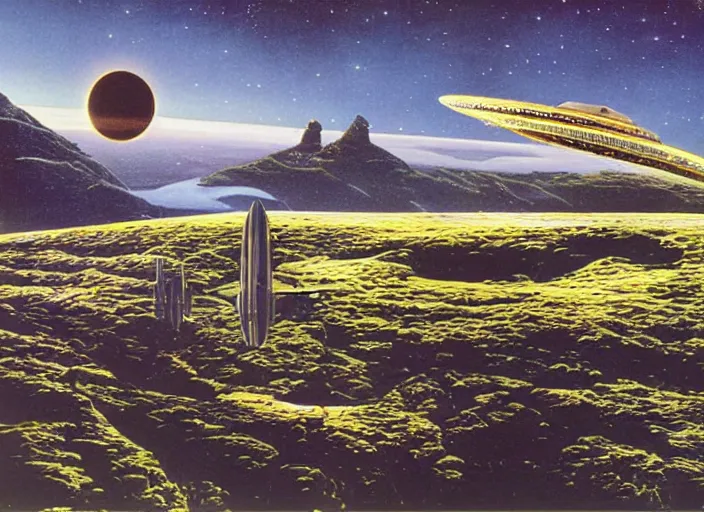 Prompt: a spaceship in a stunning landscape by angus mckie