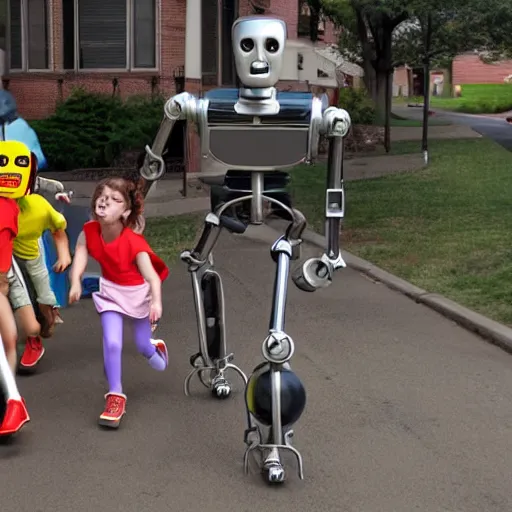 Image similar to in the style of 1960s, A scary robot is chasing after a bunch of scared kids down the street, fully detailed , fully detailed kids faces in focus