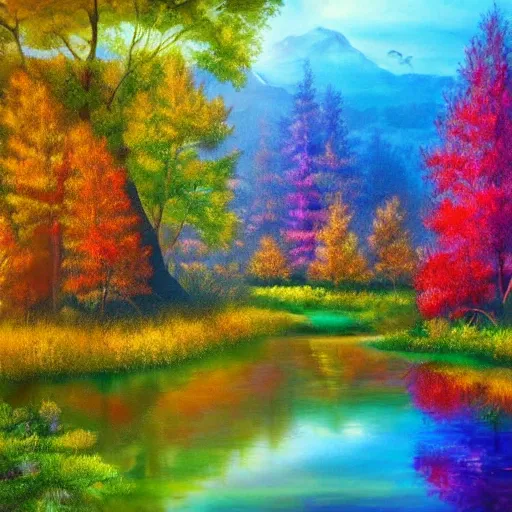 Image similar to colorful forest lake, realistic, detailed