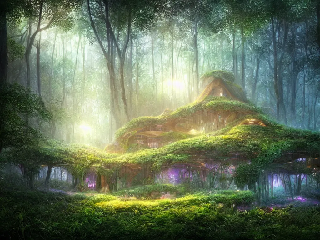 Prompt: beautiful organic house made of imaginary plants in a forest, architectural render, futuresynth, chillwave, by Gabriel Dawe, by Skottie Young, by Jessica Rossier, vegetal architecture, by moebius, night, (mist), lights, junglepunk, trending on artstation