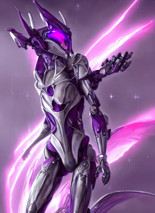 Prompt: cinematic close shot, galactic sized proportional stunning beautiful hot female warframe goddess, sleek robot mecha dragon head, metal ears, led purple eyes, smooth fuschia skin, smooth silver armor, floating in space, holding a galaxy, epic proportions, epic detail, furry art, dragon art, giantess art, warframe fanart, furaffinity, octane